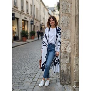 Chico's Dark Navy Blue & White Exploding Palms Cotton Duster Cardigan sz 1/US M